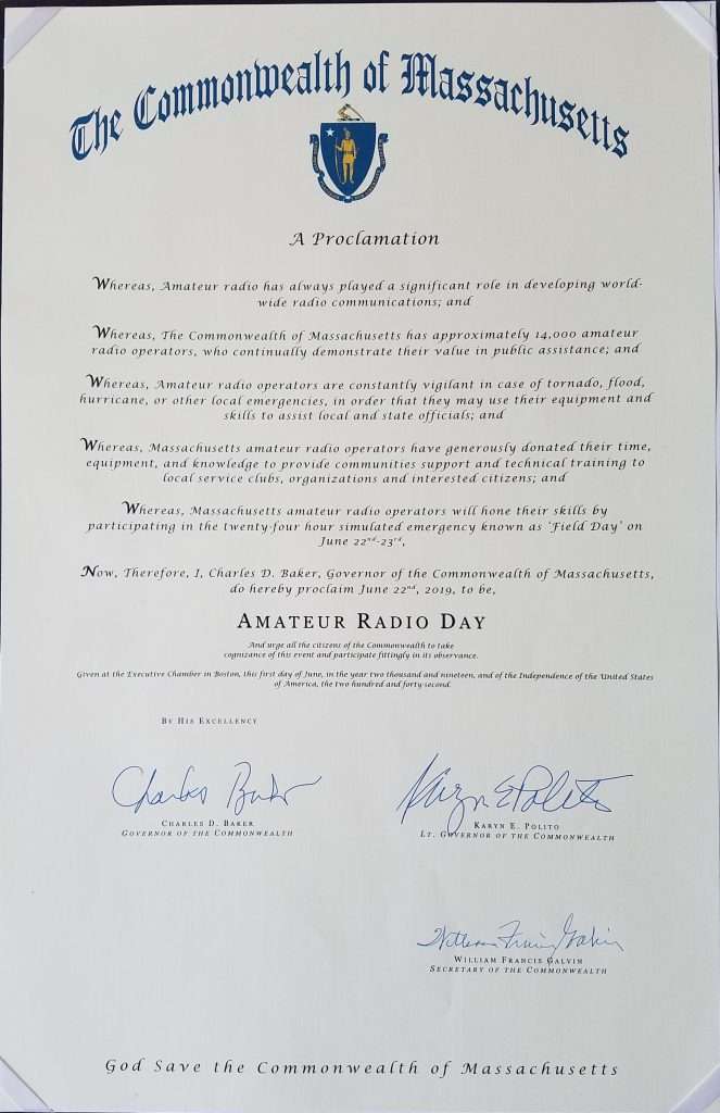 2019 MA Governor's Proclamation on Amateur Radio Day