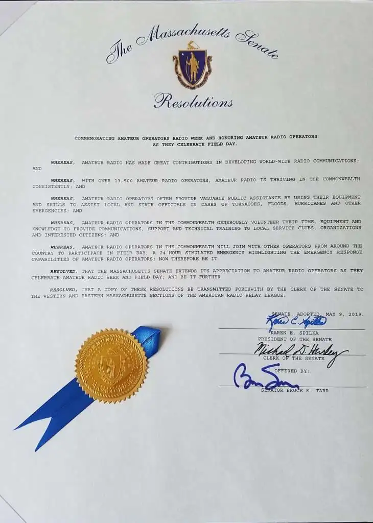 2019 MA Senate Resolution on Amateur Radio Operators